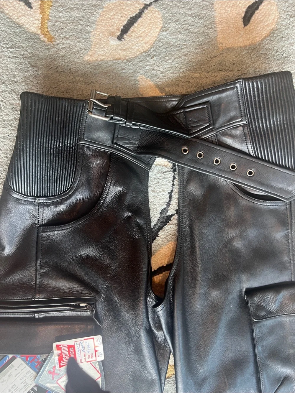 Black Leather Cargo Pants with Ribbed Waist and Belt Detail
